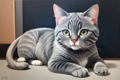 Das Bild zeigt eine graue Katze mit weißer Brust und weißen Hinterpfoten im Akryl-Stil. Die Katze liegt und sieht in die Kamera. Beide Hinterpfoten sind zu sehen, was aus der front-seit-Pespektive unrealistisch ist.